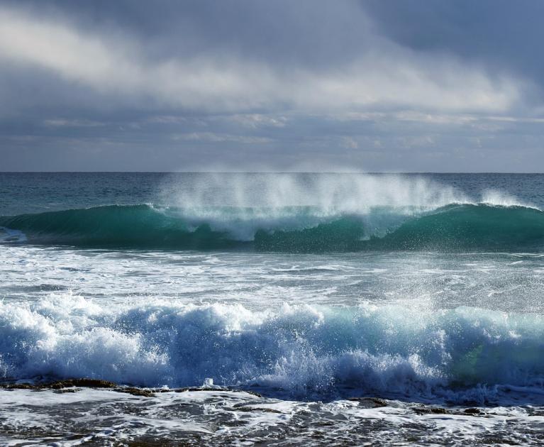 Majestic waves crash under a stormy sky, evoking power and freedom.