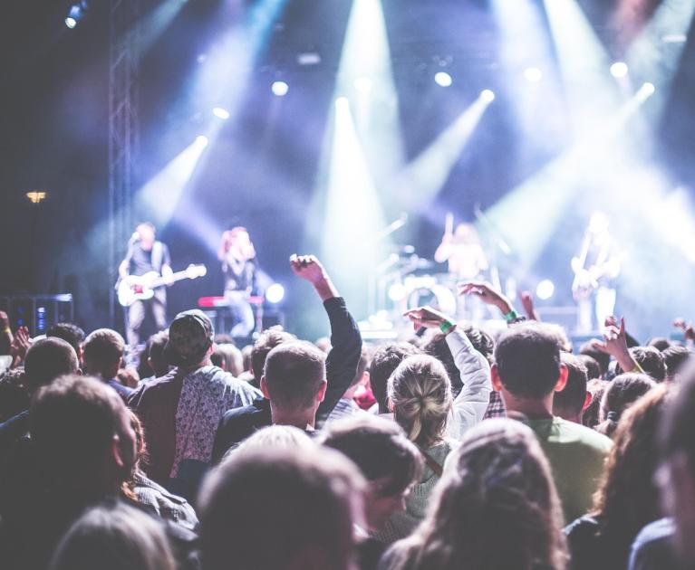 Excited crowd, bright lights, vibrant live music, electrifying atmosphere.
