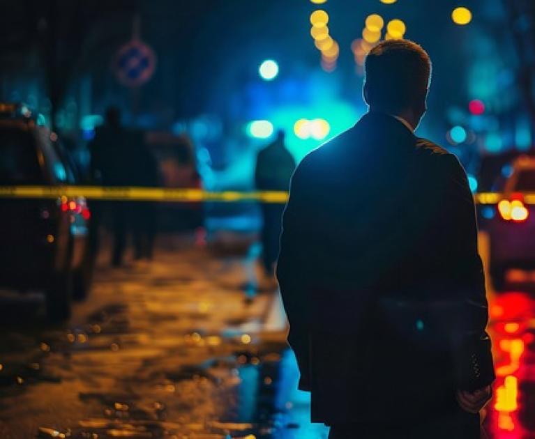 Man faces away, observes nighttime crime scene, blue lights, palpable tension.