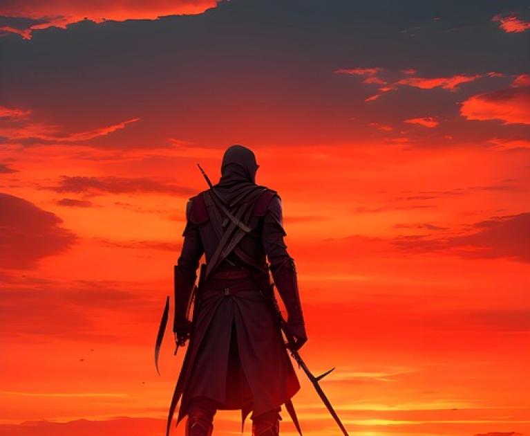 Lone warrior at red sunset, epic and mysterious atmosphere.